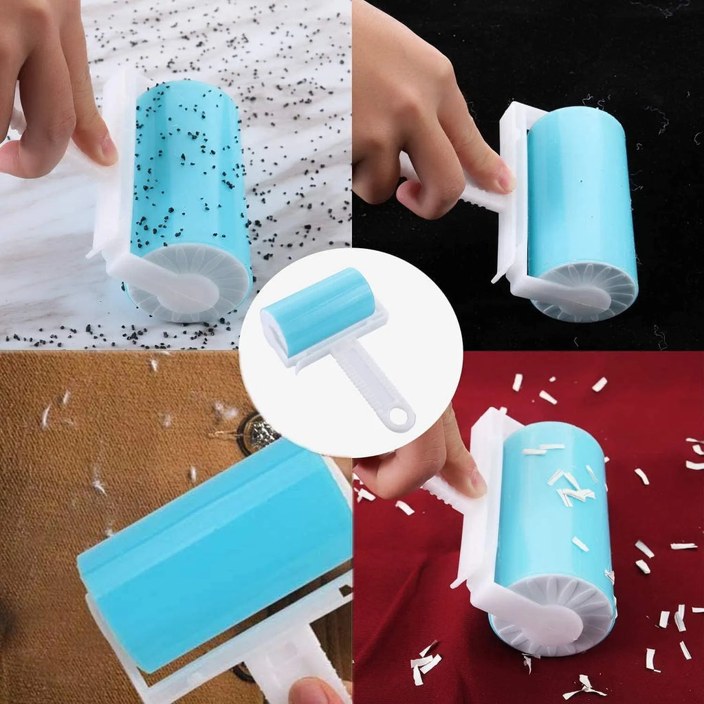 Blue washable reusable lint roller with protective cover for removing pet hair from clothes and furniture