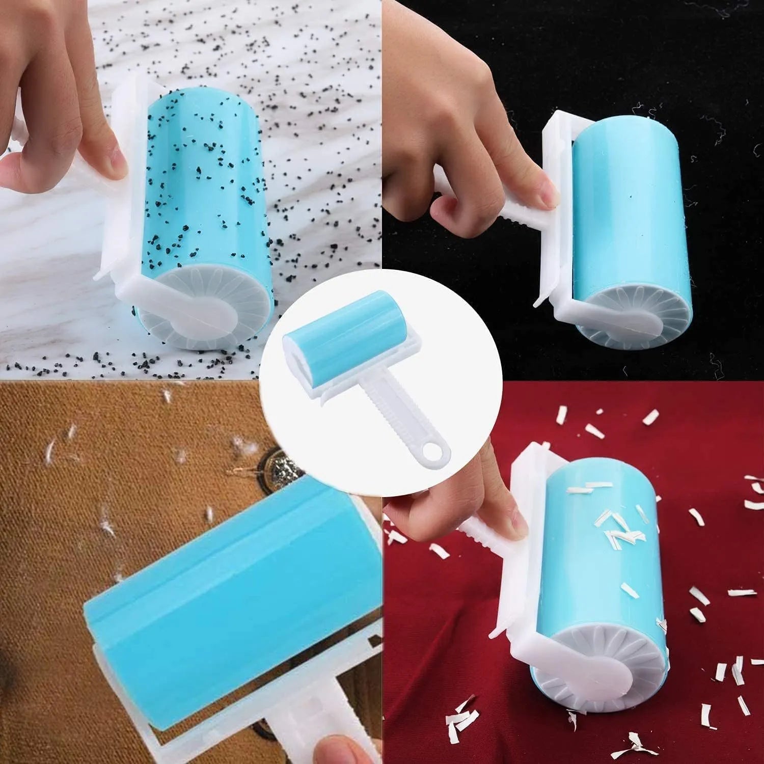 Blue washable reusable lint roller with protective cover for removing pet hair from clothes and furniture