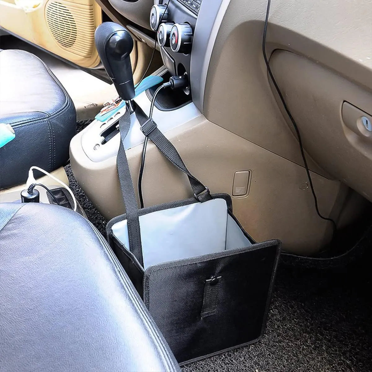 Black car folding trash can made from waterproof Oxford cloth with hanging mechanism