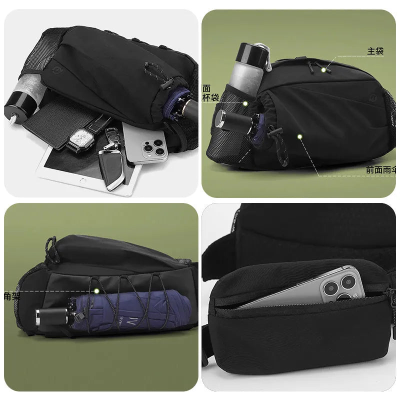 Unisex black nylon waist bag worn on the hip, also showing backpack straps.