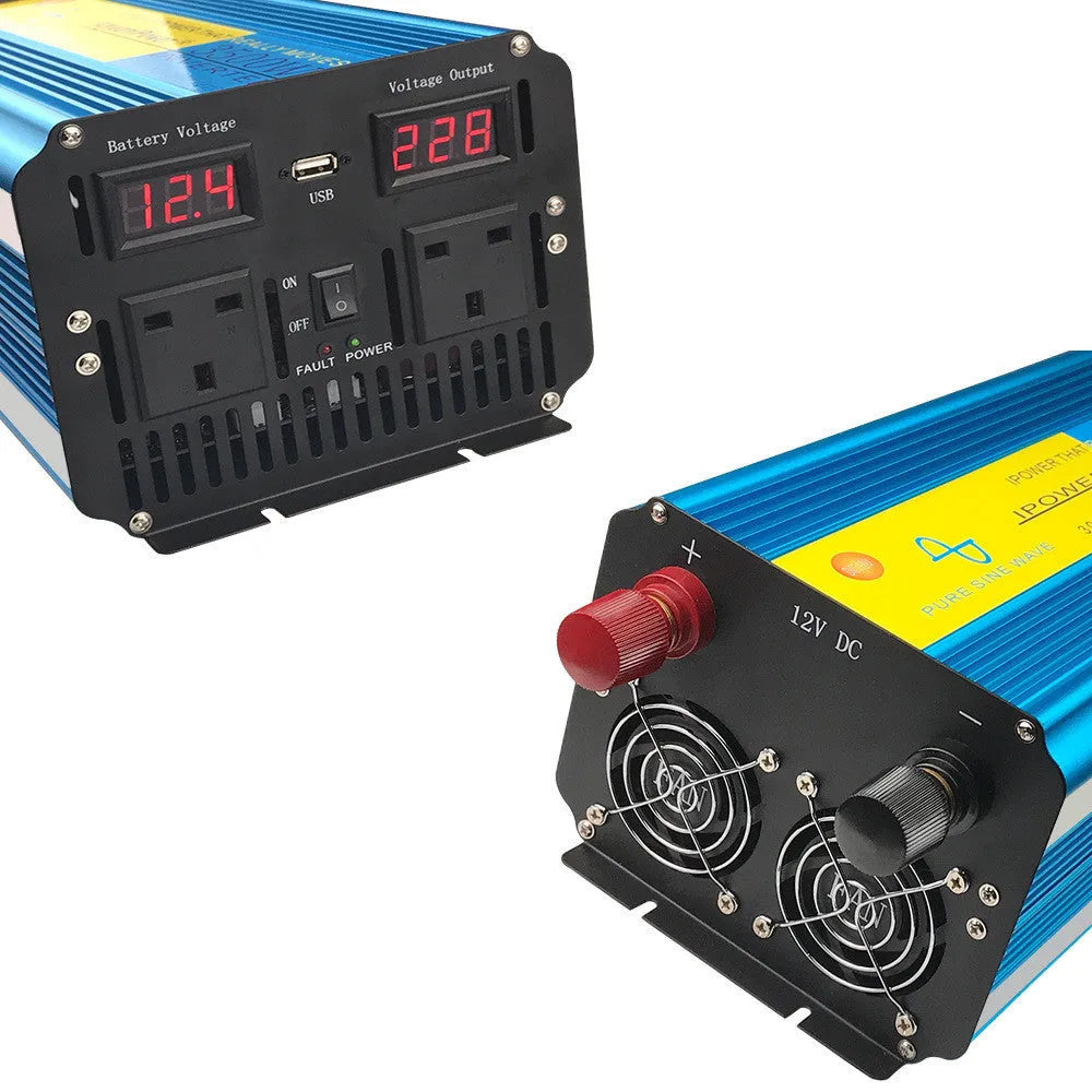 Blue 3000W pure sine wave power inverter with digital display and British Standard sockets