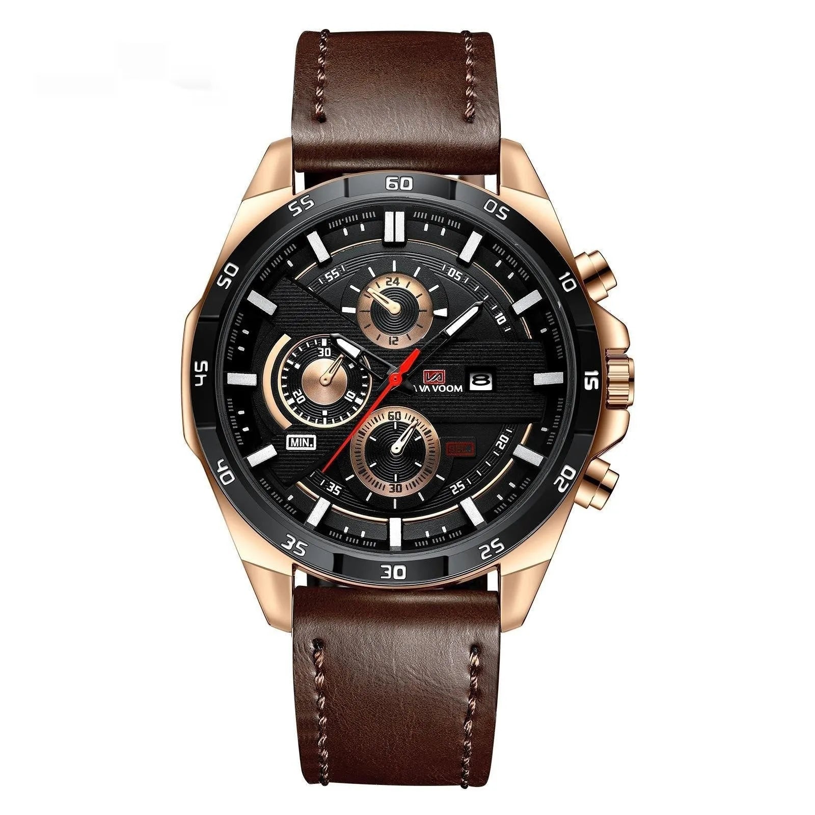 Men's casual watch with brown leather strap, white dial, rose gold case, and day-date window.