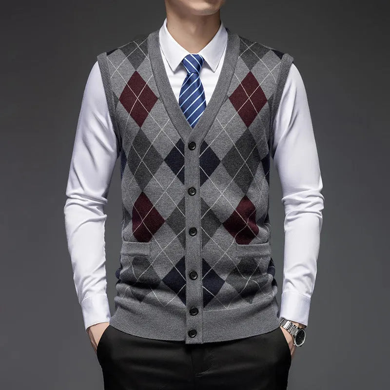 Men's knitted vest cardigan, sleeveless V-neck with pockets, cotton blend jacquard, available in five colours, sizes M to 4XL