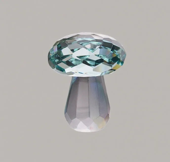 Modern geometric crystal mushroom decoration in transparent, green, red, or yellow, 40 by 53 millimetres.