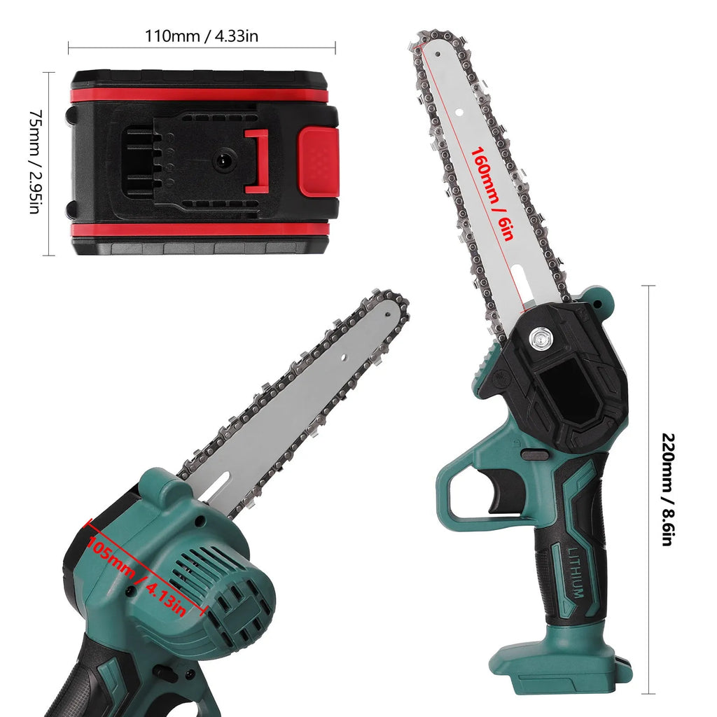Black one-handed mini electric chainsaw with a 4 inch guide bar on a wooden log.
