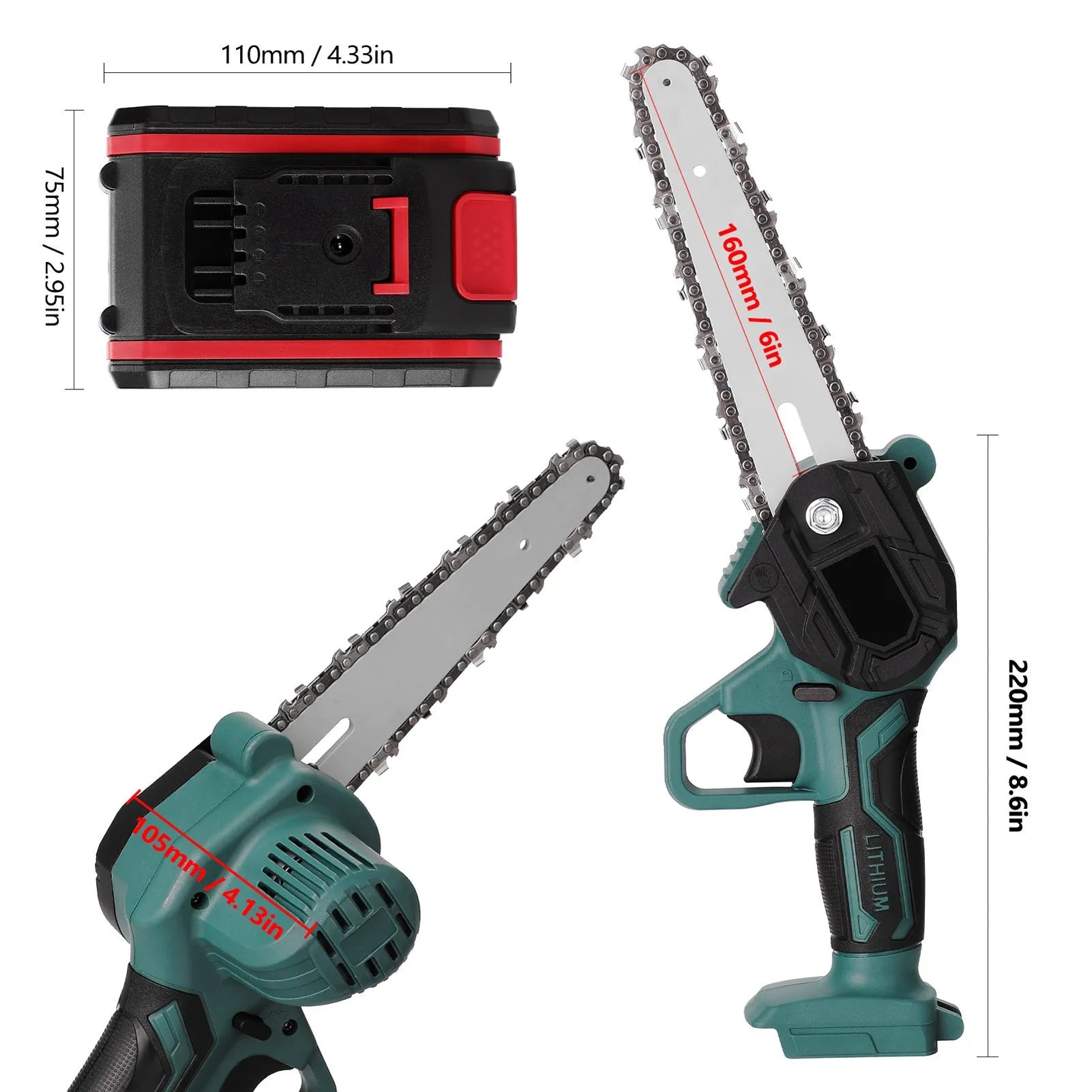 Black one-handed mini electric chainsaw with a 4 inch guide bar on a wooden log.