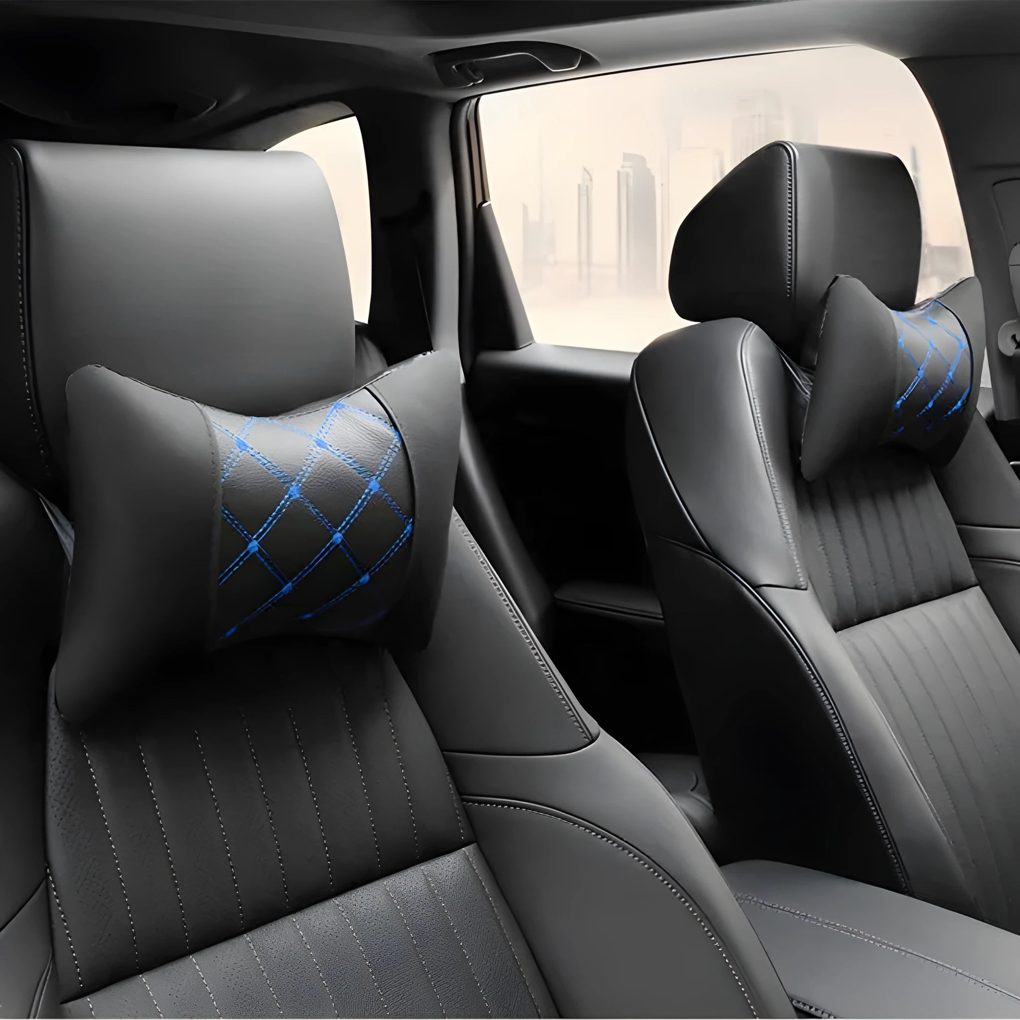 Black quilted artificial leather car headrest cover with coloured stitching lines.