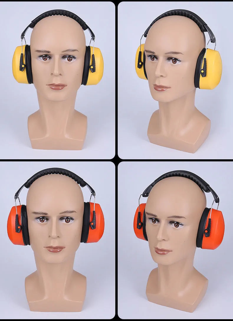 Orange head-mounted noise-cancelling earmuffs with adjustable elastic headband and large black ear cups on a grey background.