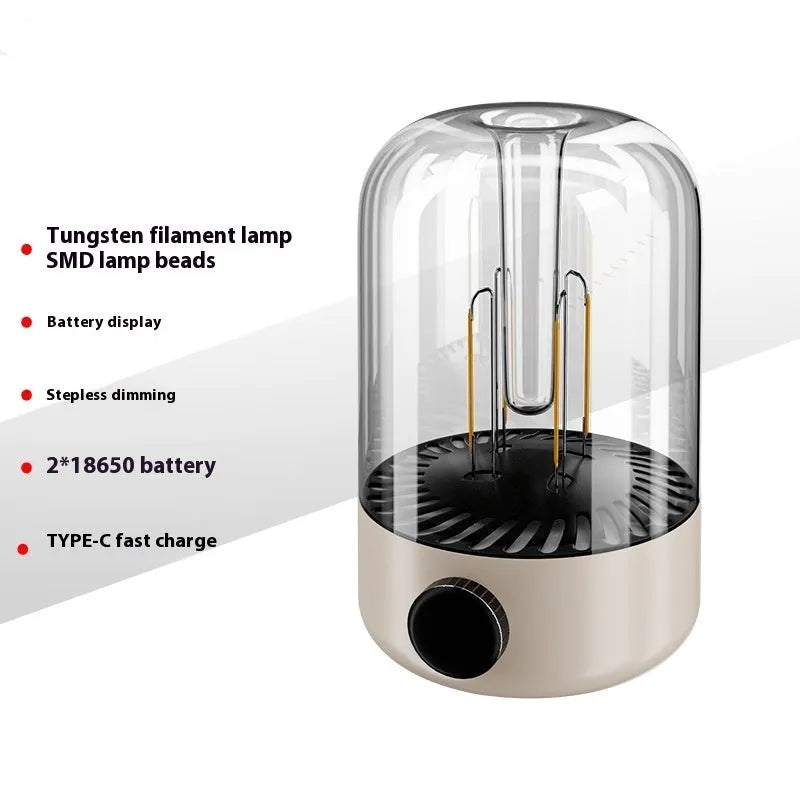 Beige and black camping ambience light with USB port, knob control, and dual lamp beads measuring 140x95mm