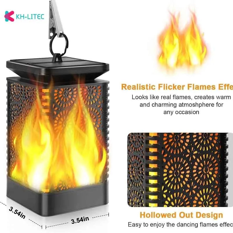 Set of four black solar-powered garden lanterns with flickering LED flame effect.