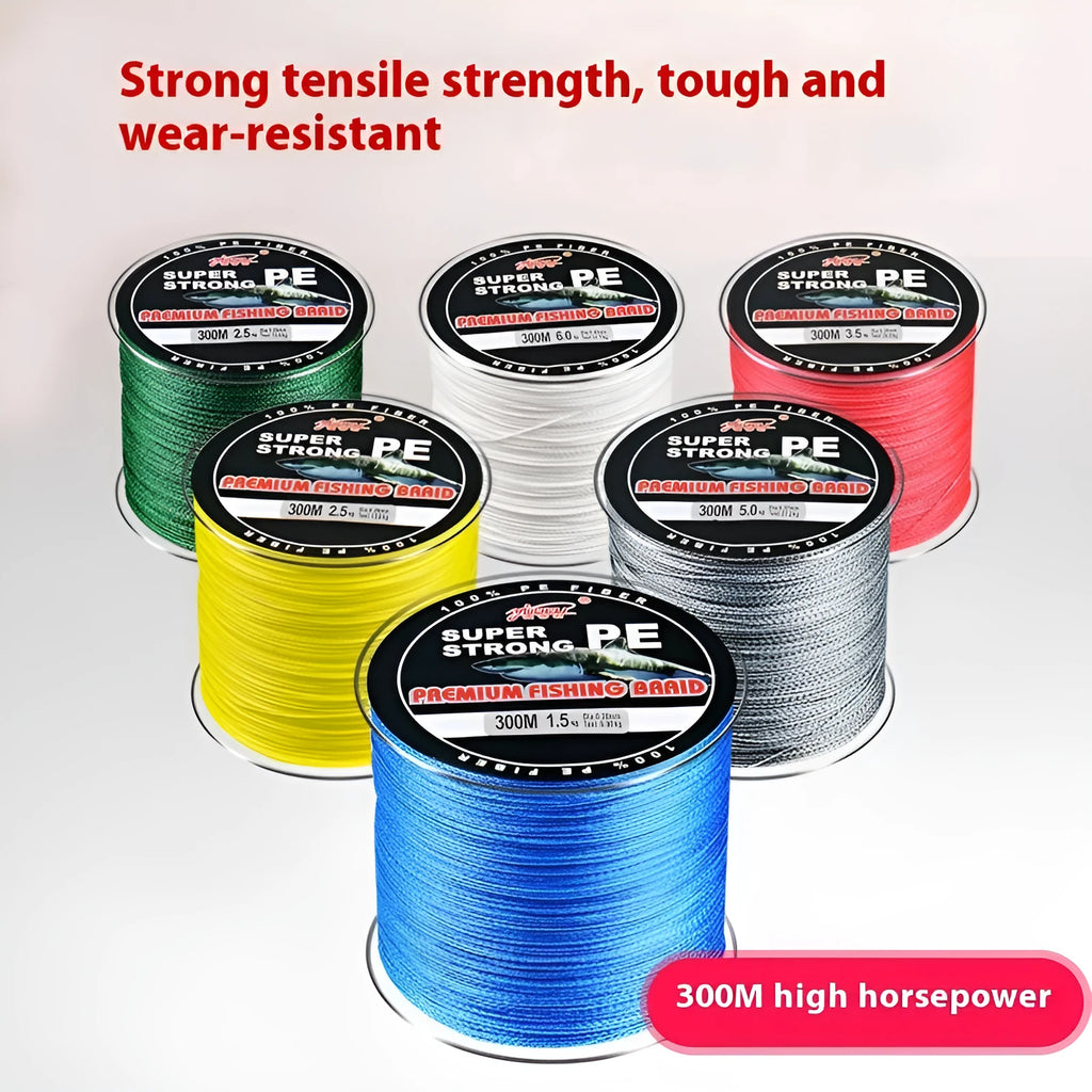 Spool of Dali Mayu 300 metre PE braided fishing line showing multiple colour options
