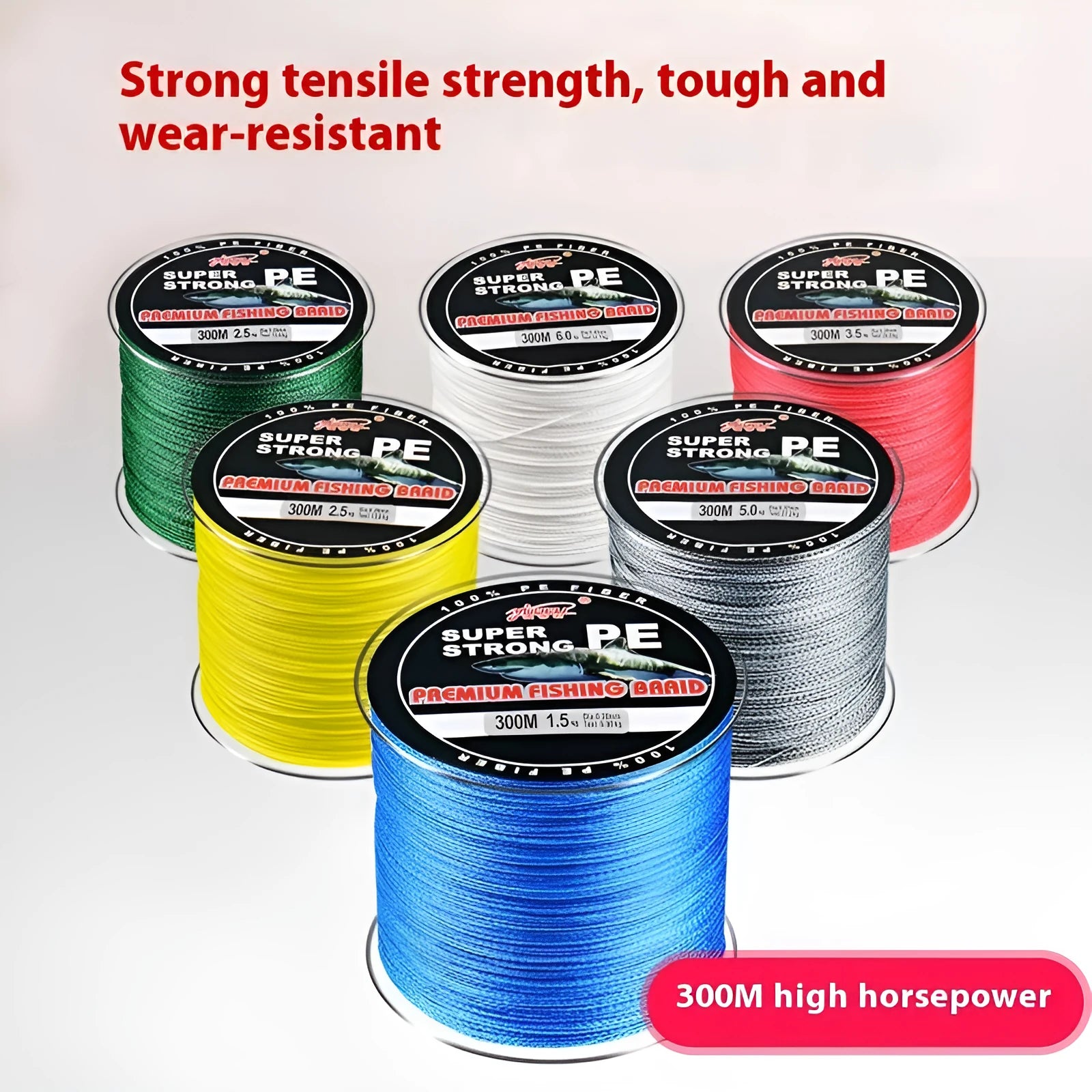 Spool of Dali Mayu 300 metre PE braided fishing line showing multiple colour options