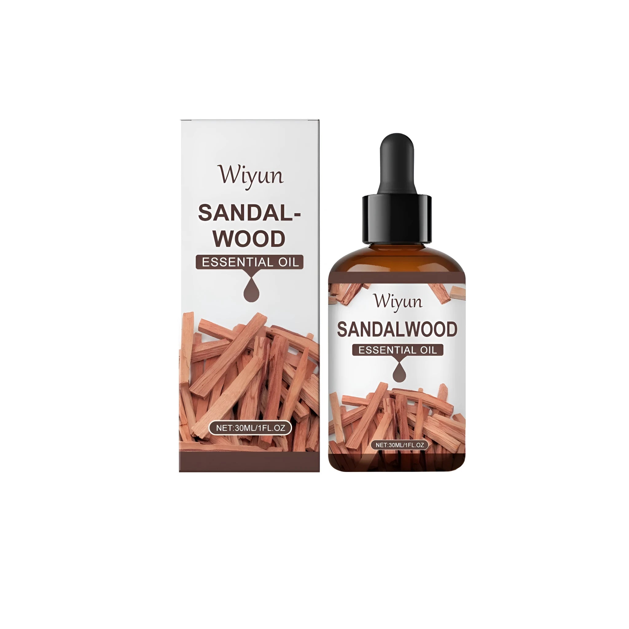 30ml glass bottle of sandalwood fragrance oil with a dropper.