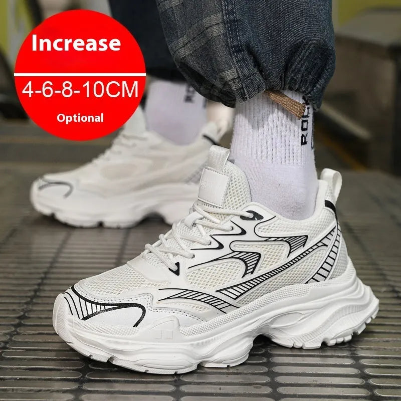 Casual breathable clunky sneakers with height-increasing insole, mesh lining, and rubber EVA PU sole in white, black, or grey.