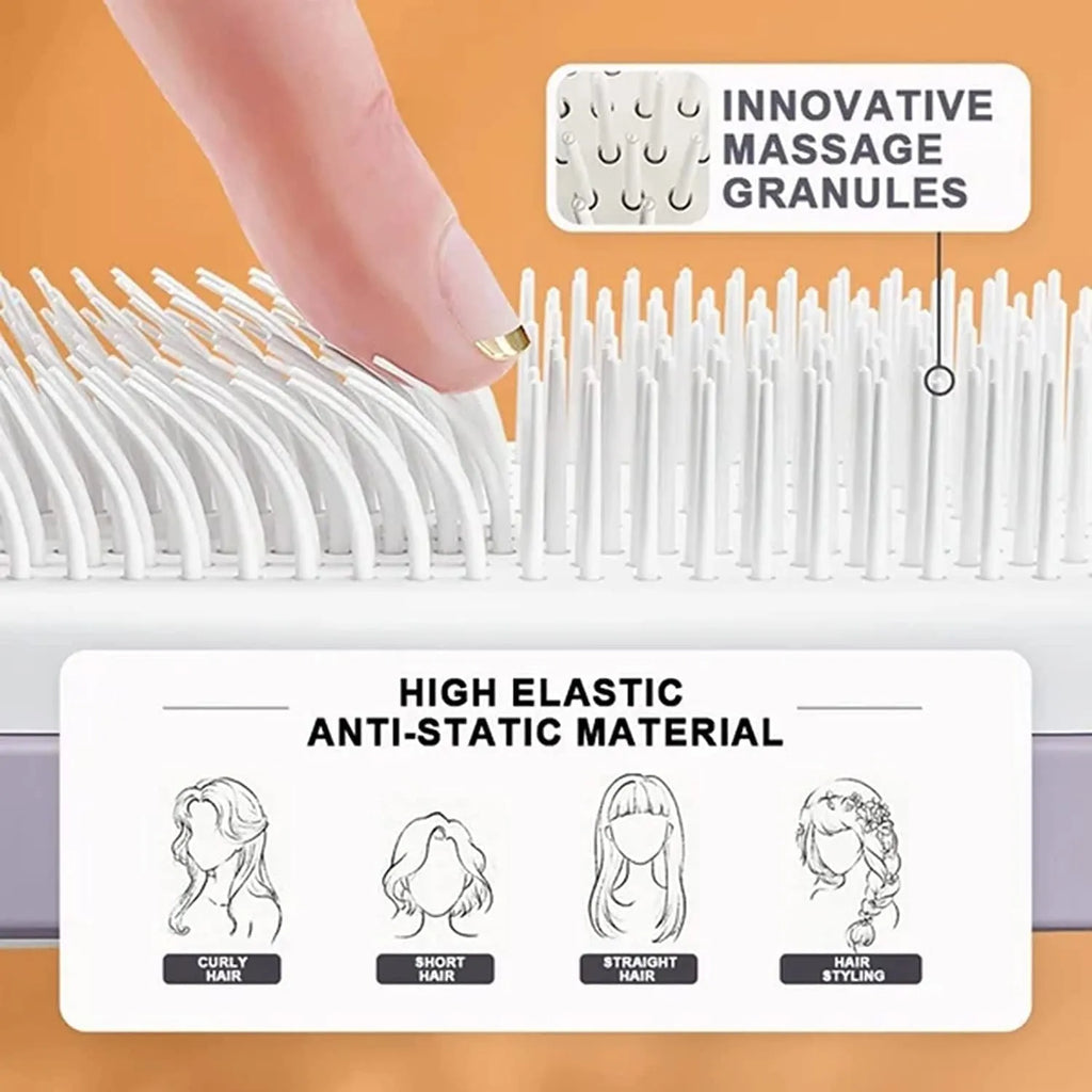 Roland purple self-cleaning hair brush with rotating telescopic handle and anti-static bristles.