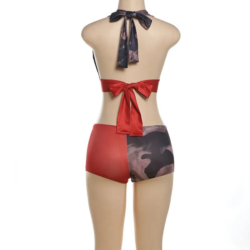 Red women's high-waisted bikini set with 3D printed pattern and hip-lift shorts design