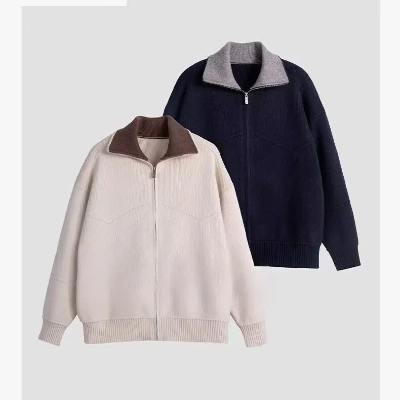 Men's knitted cardigan in beige or dark blue, long sleeve, loose fit, sizes L to 3XL, acrylic blend.