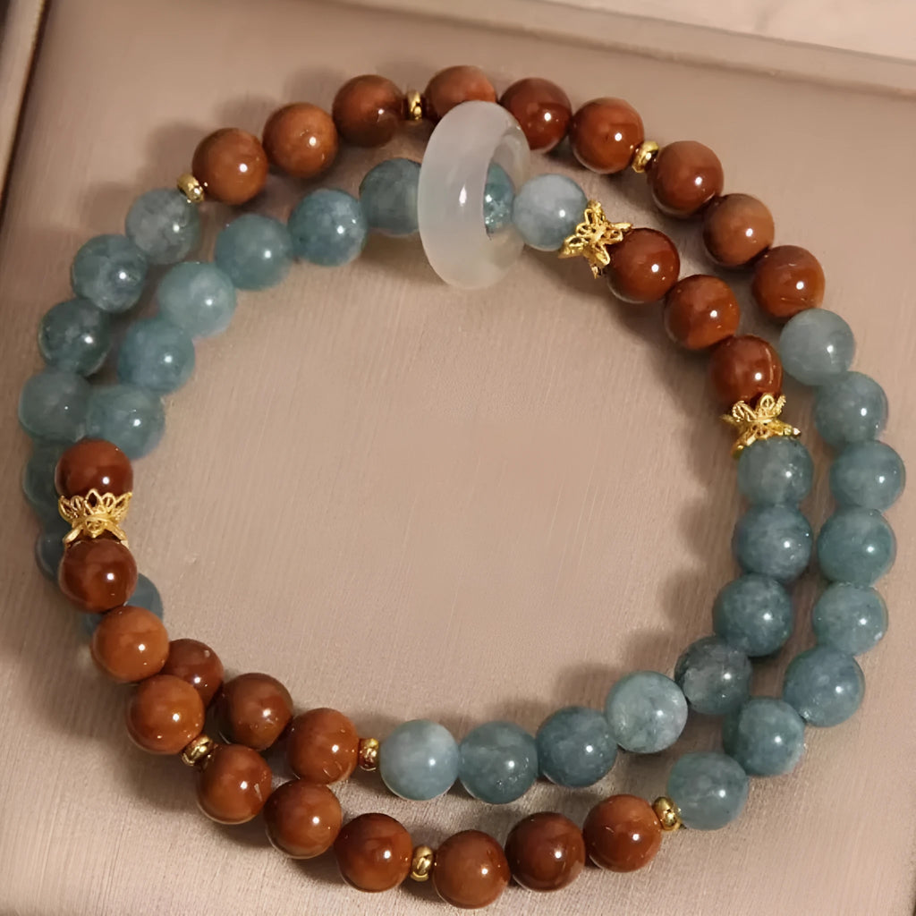 Double ring bracelet for women in cook blue water jade colour with natural crystal semi-precious stone and electroplated geometric round design