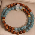 Double ring bracelet for women in cook blue water jade colour with natural crystal semi-precious stone and electroplated geometric round design