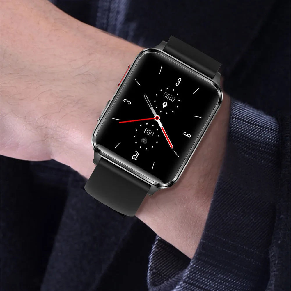 Multi-sport smart watch with a blue silicone wristband showing its 1.7-inch touchscreen display.