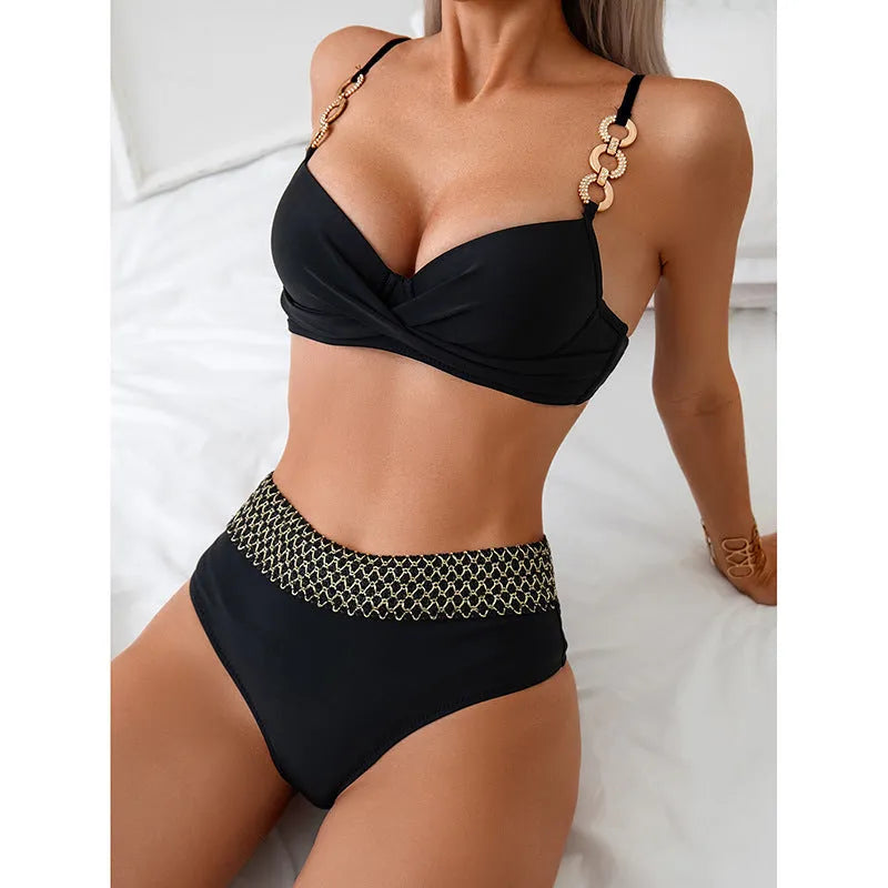 Black polyester bikini swimsuit with sleeveless top and split leg briefs European fit