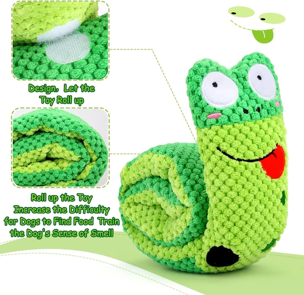 Green frog-shaped velvet dog squeak toy with hidden food holes for foraging puzzles.