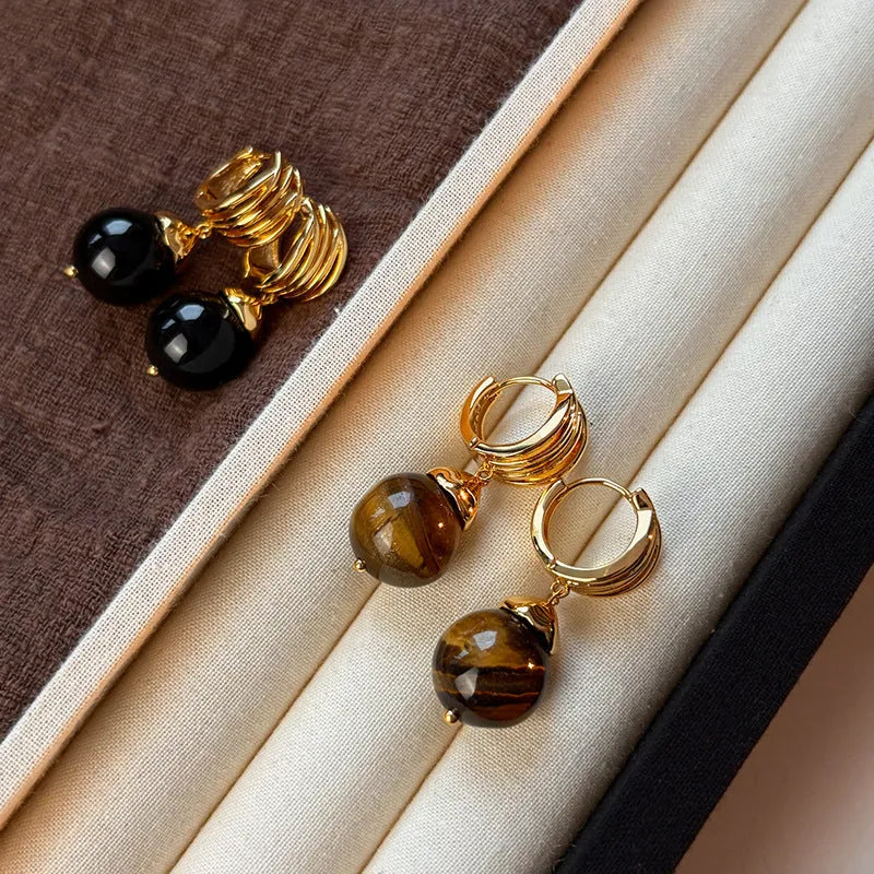Geometric tigereye stone earrings for women with gold plating in brown and black colour options.