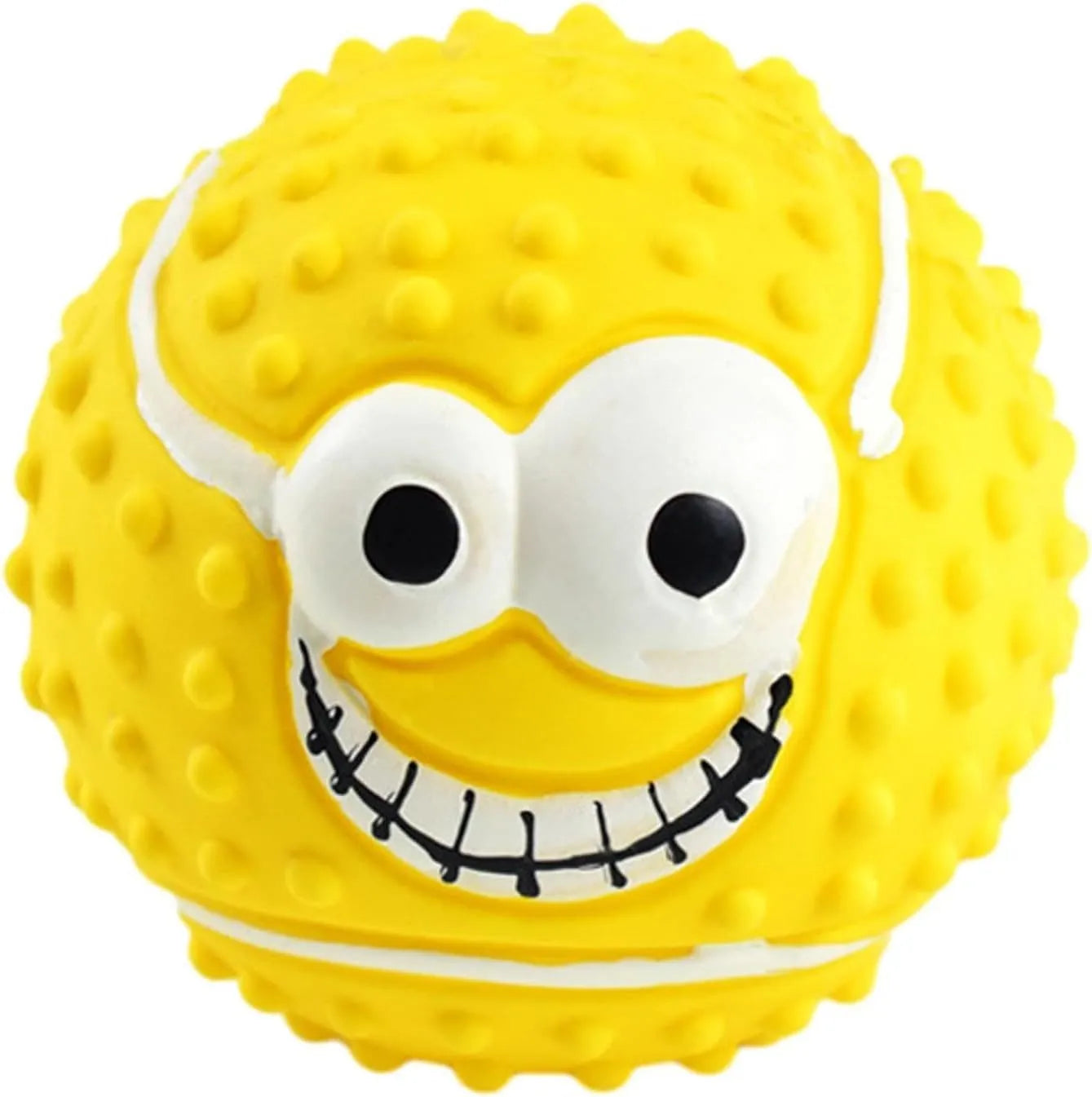 Green latex dog ball with smile face design showing squeaky chew toy