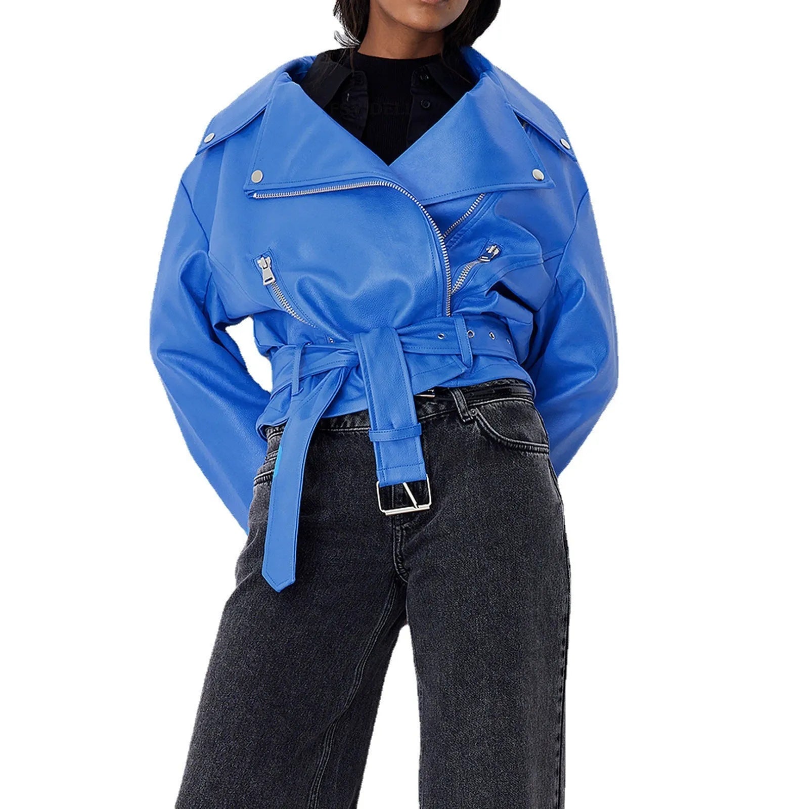 Black punk-style short jacket with a Peter Pan collar, pointed lapels, and a drawstring waist.