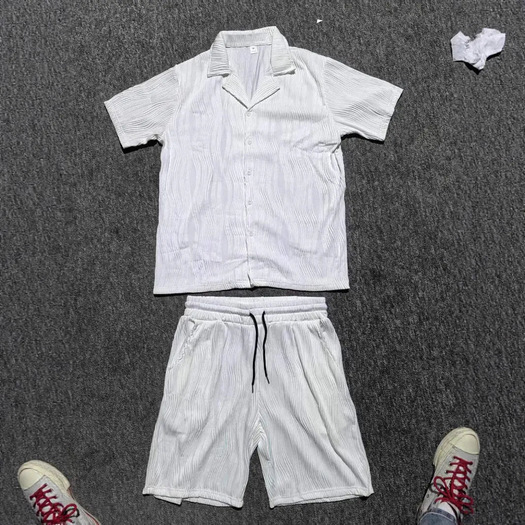 Men's black wave pattern shorts suit with short sleeve top and matching casual shorts
