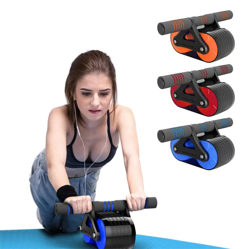 Double wheel abdominal exerciser with automatic rebound and blue kneeling pad on a dark surface