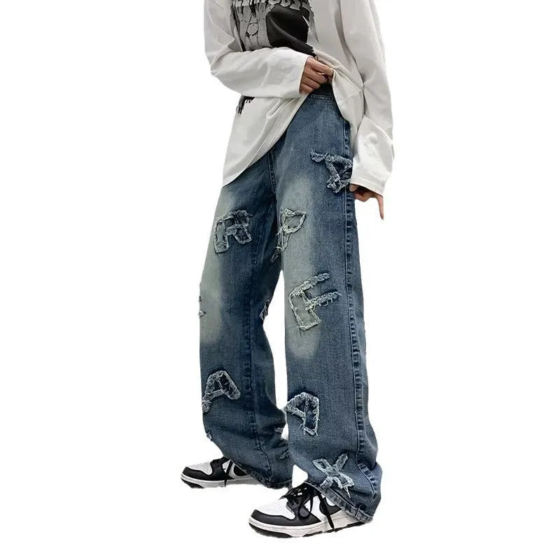 Men's blue cotton loose retro casual wide-leg trousers with mid-rise waist and straight-leg cut, sizes S to XXXL