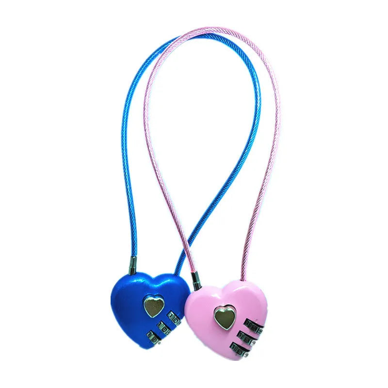 Peach heart-shaped wire rope padlock with a coiled steel cable, shown in various colours.