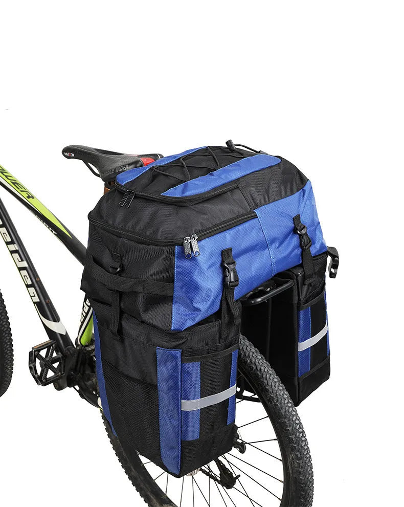 Rhinoceros brand 70-litre capacity bicycle rear frame storage bag in blue colour.