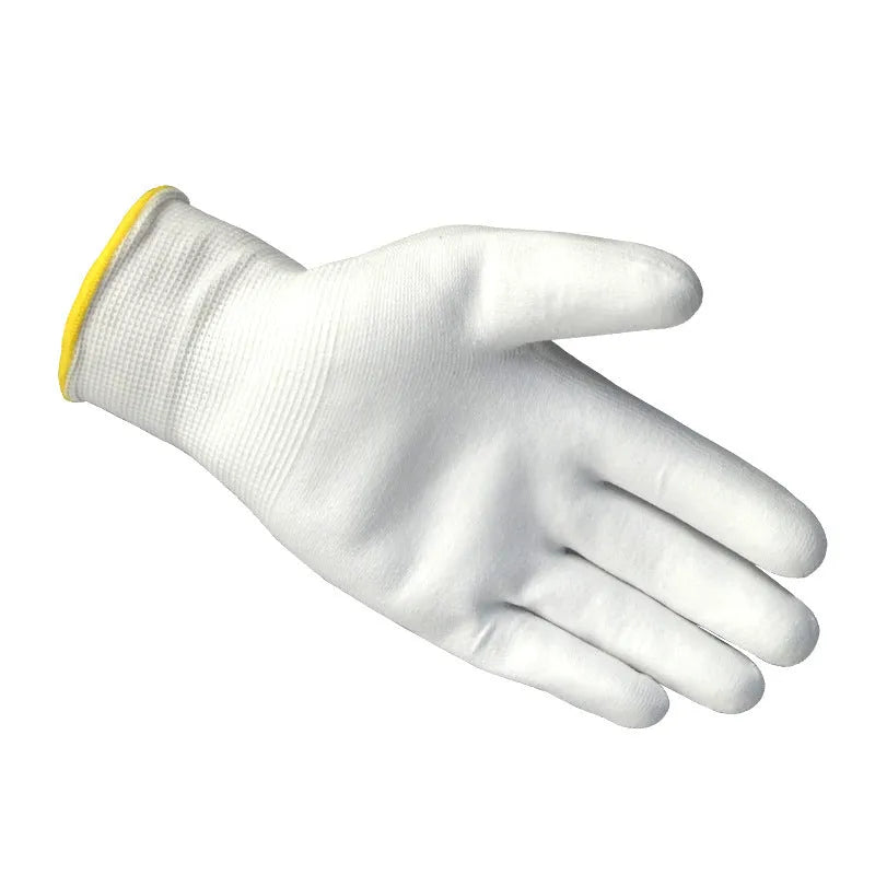 White PU coated labour gloves showing 24cm length and flexible construction