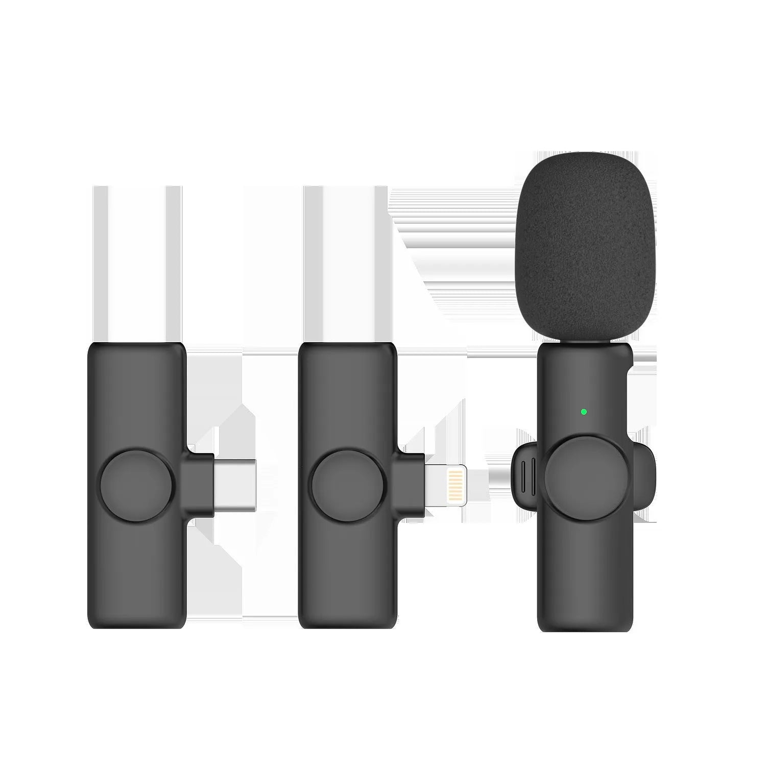 2.4G wireless microphone with receiver, showing colour options and compact size for live sound recording.