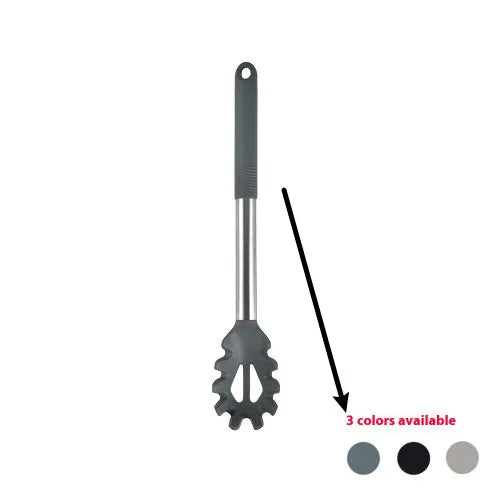 12-piece black silicone kitchen utensil set including spatula, spoon, and claw tools in a rotating storage bucket on a kitchen counter.