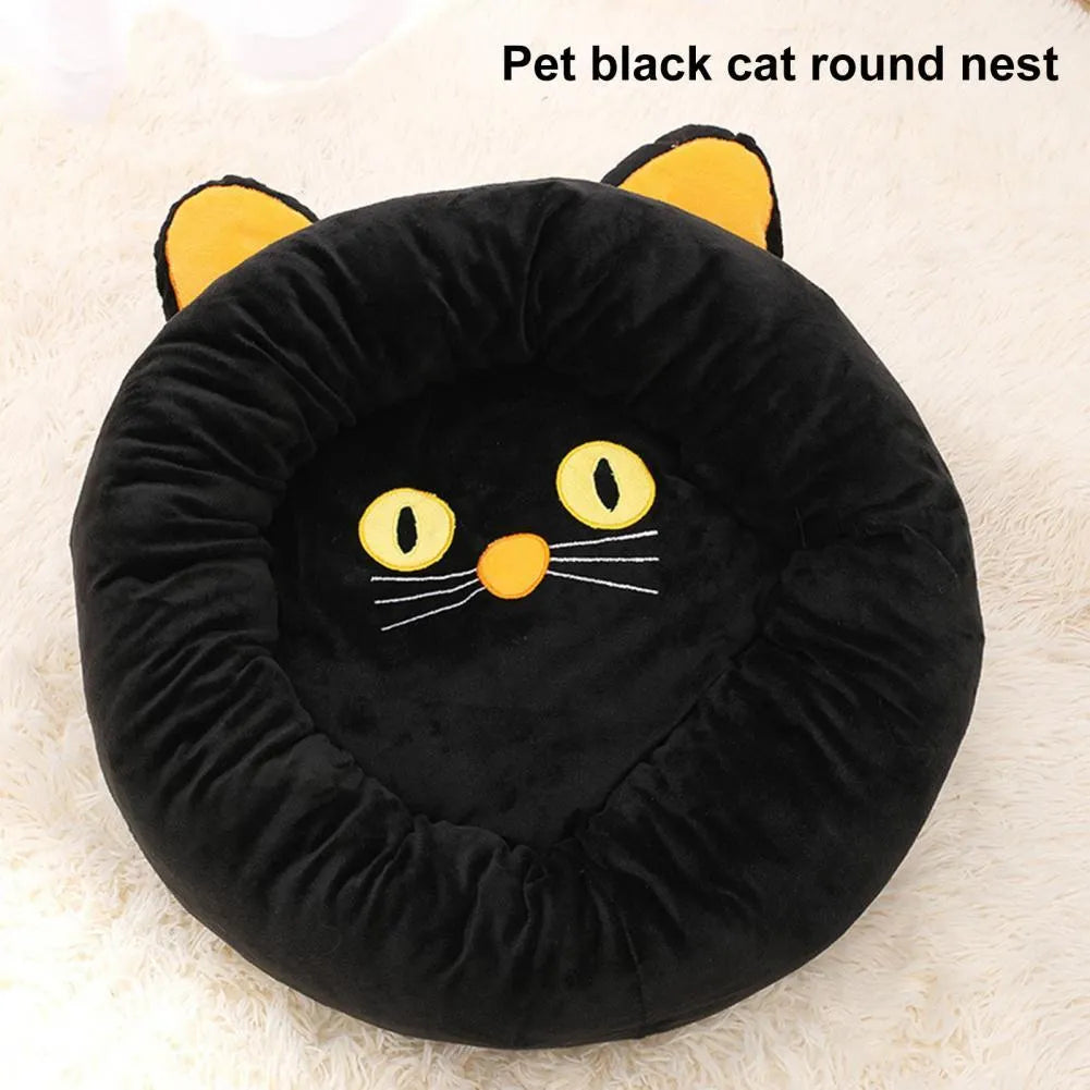 Black cat-shaped velvet pet bed with raised edges for head support in two size options
