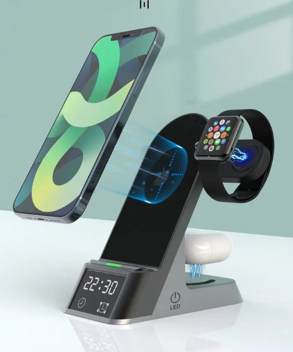 Black multifunctional alarm clock with wireless charging pad, Apple Watch dock, earbud charger and LED display