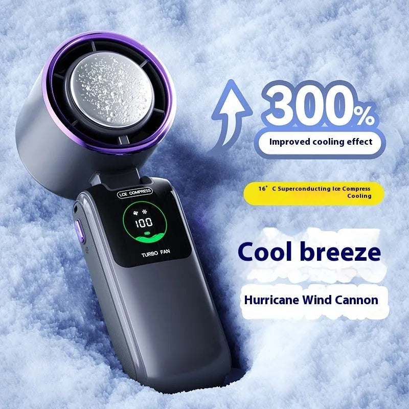 Blue folding handheld USB fan with hanging neck strap shown in open position.