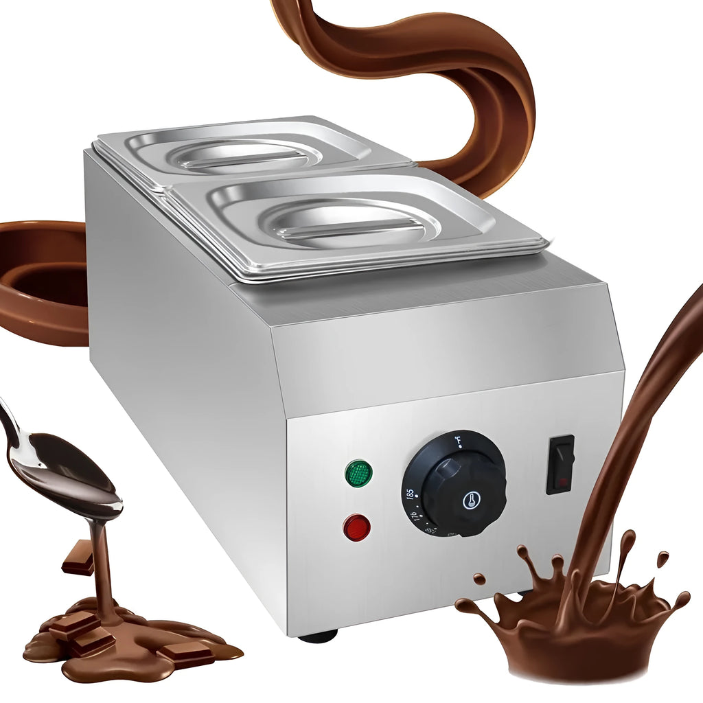 Commercial electric chocolate melting machine with double pot and digital temperature control.