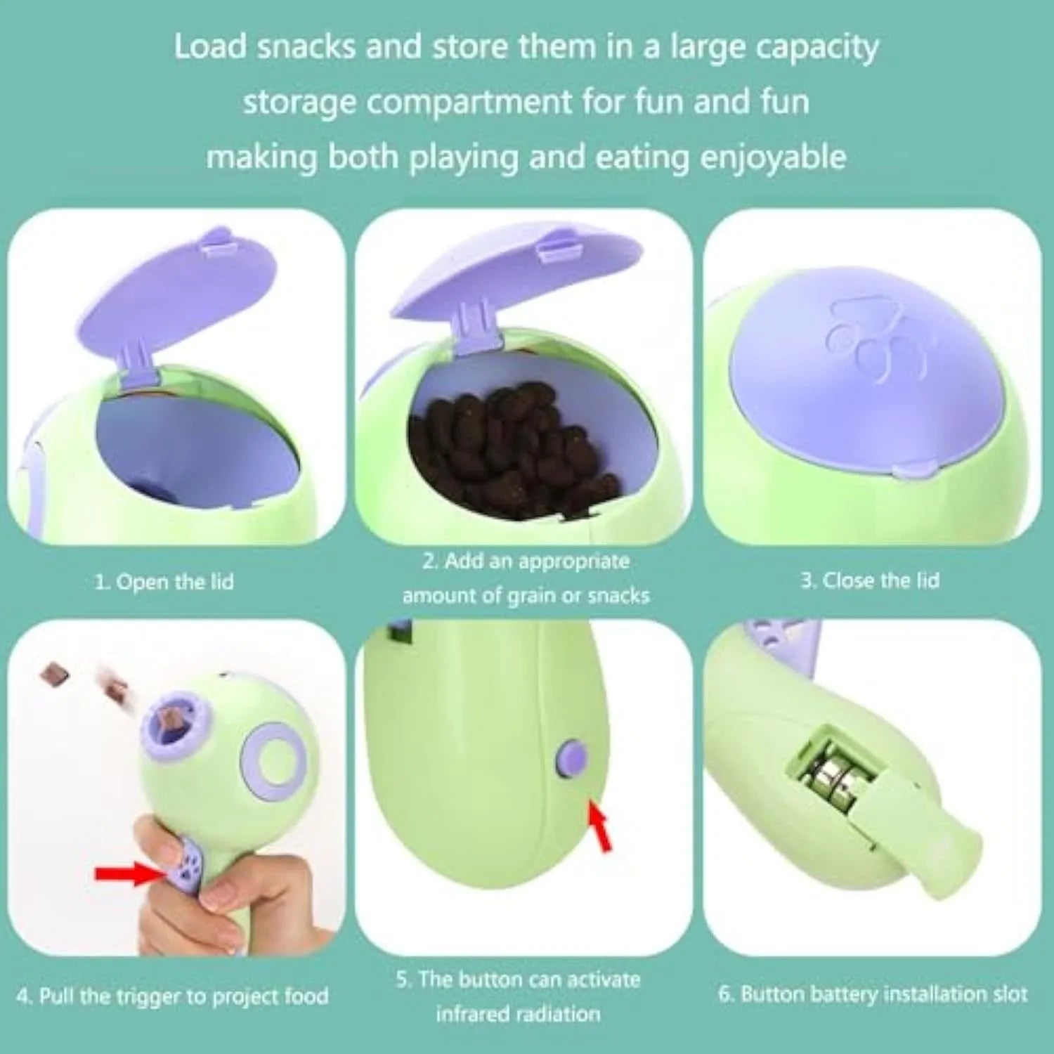 Green, orange or pink plastic dog treat launcher toy for interactive feeding and training
