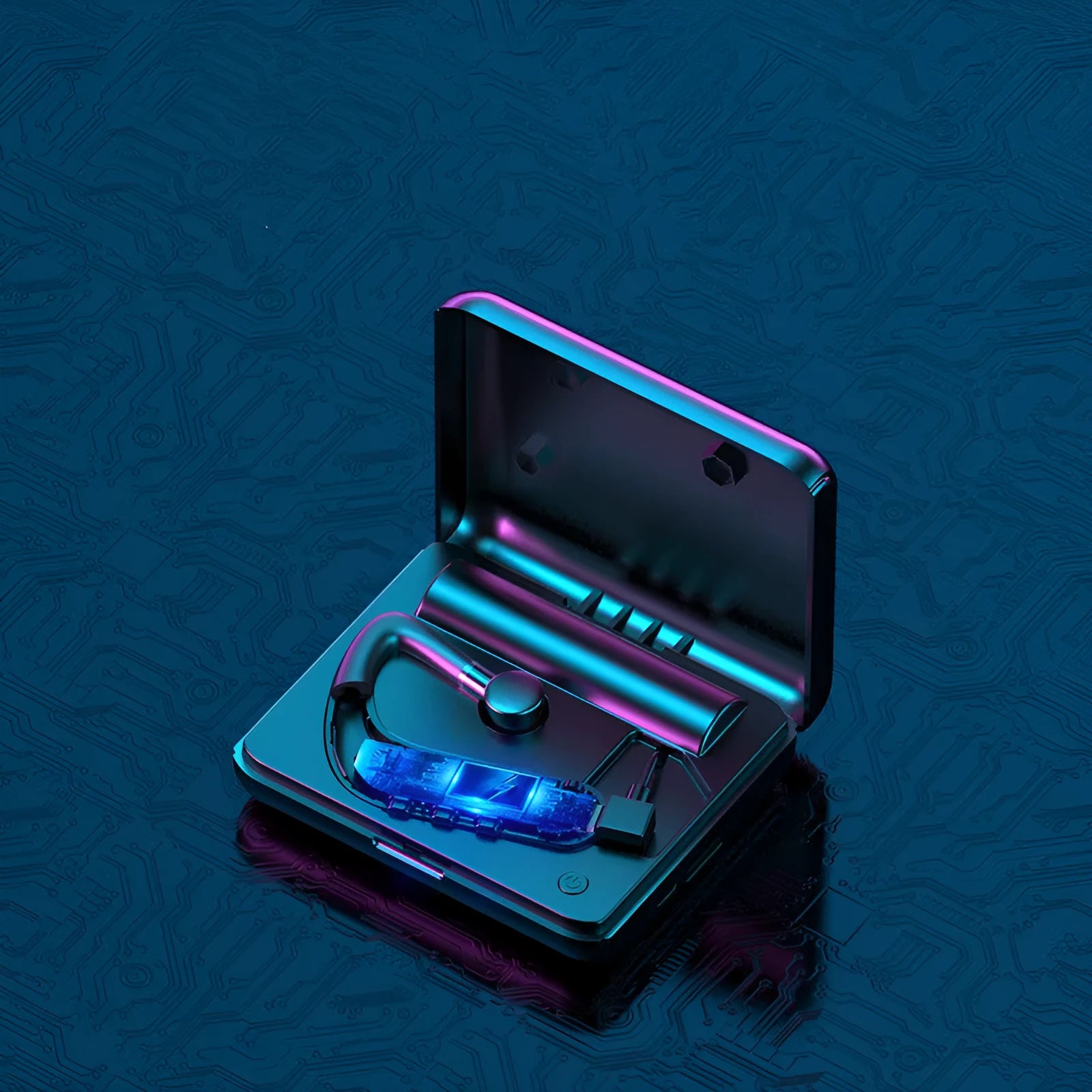 Black Bluetooth earphones with a hanging-ear design and multiple silicone ear caps, shown alongside a charging case.