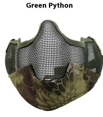 Carbon steel head-mounted net face mask in camouflage colour option.