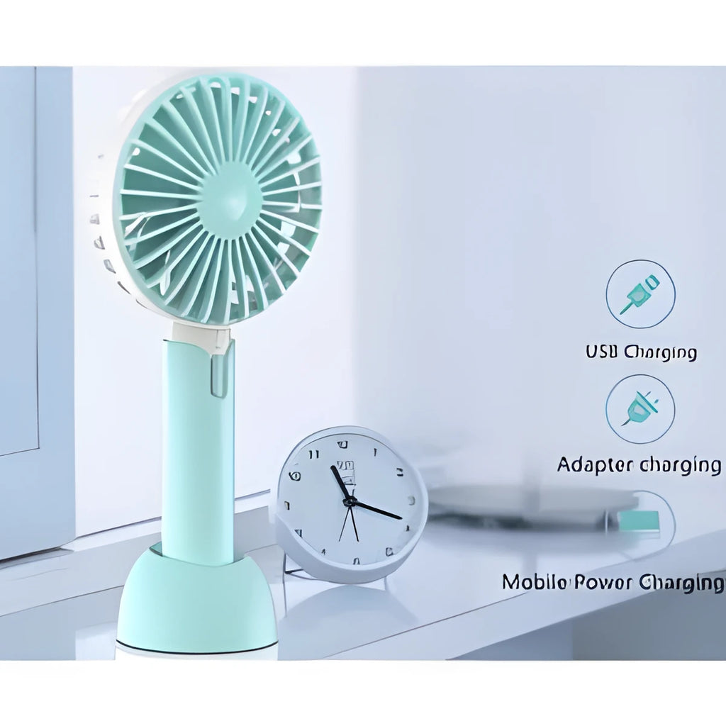Blue handheld mini electric fan with USB cable, three-speed controls, and oscillation function on desktop