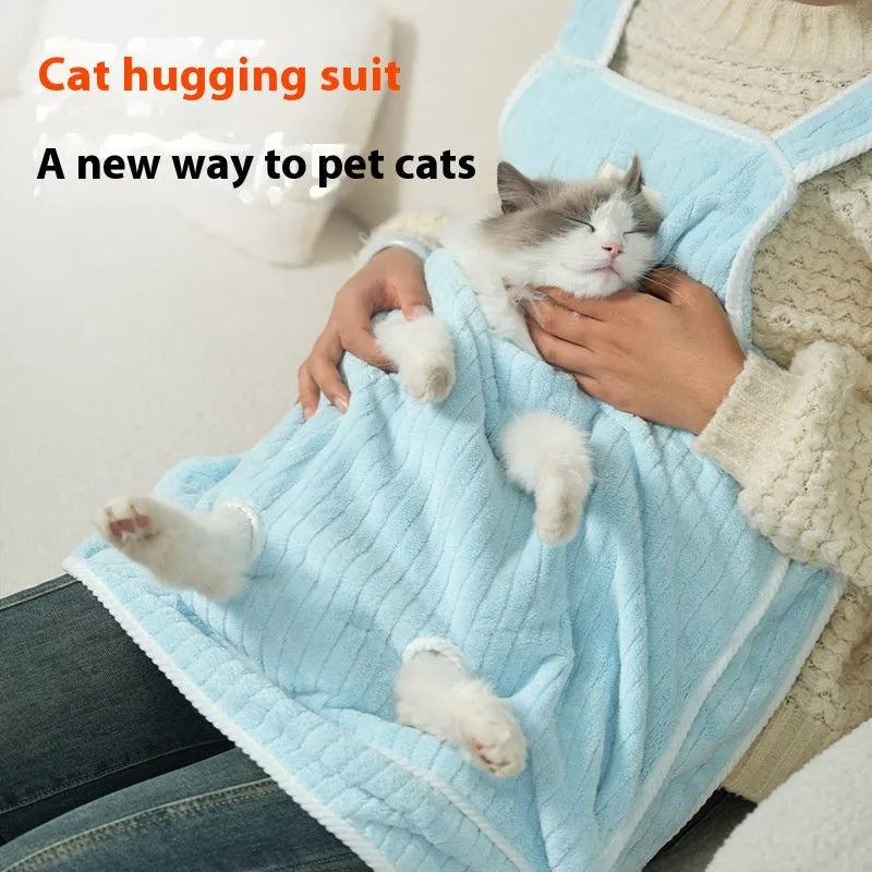 Cloth cat petting apron in a striped pattern, shown worn by a person holding a cat.
