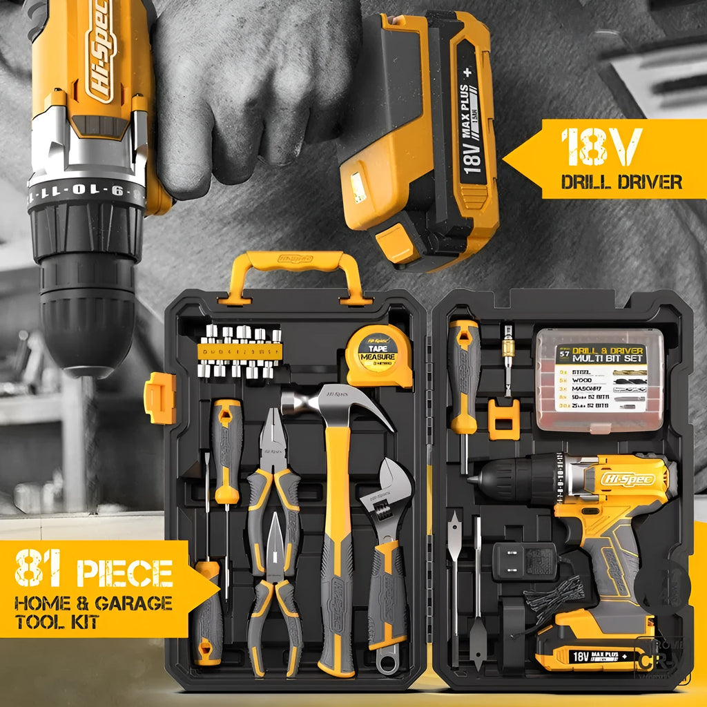 82-piece grey yellow tool kit for furniture installation with chrome-vanadium steel tools