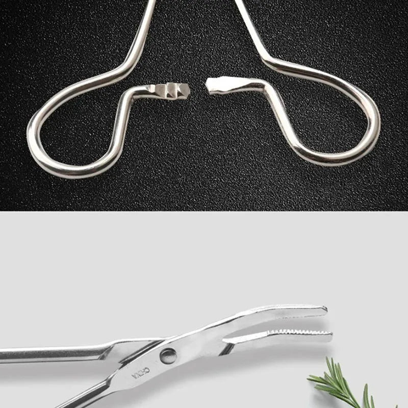 Silver stainless steel pet ear tweezers with anti-slip handle and curved tip for cats and dogs.