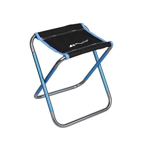 Black aluminium alloy folding camp stool shown in open and folded positions.