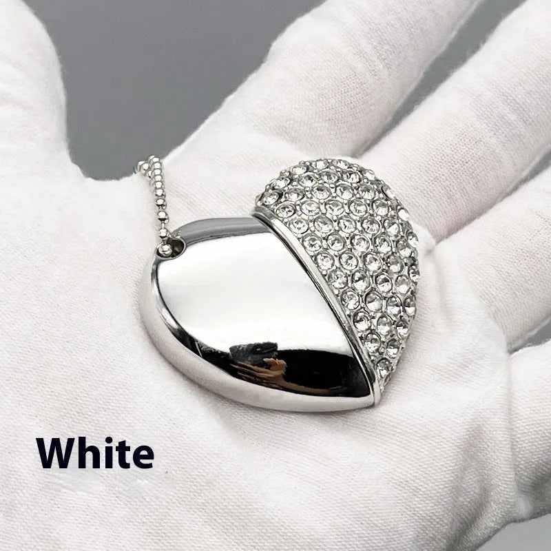 Creative heart-shaped USB flash drive with brick-inlaid pattern and metal shell in various colours.